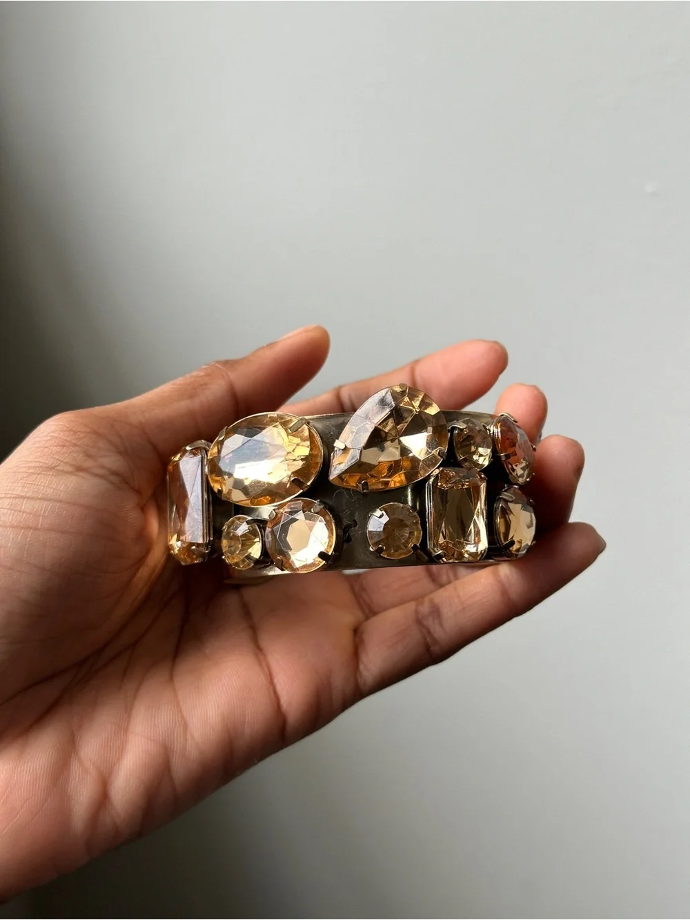 Gold Tone Champagne Rhinestone Wide Cuff Bracelet Statement Costume Jewelry